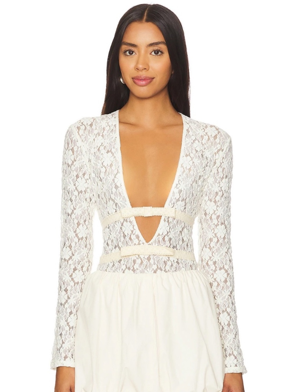 REVOLVE Yuhan Wang Ribbon Tied Lace Cream Deep V Long Sleeve Top NWOT Size Small